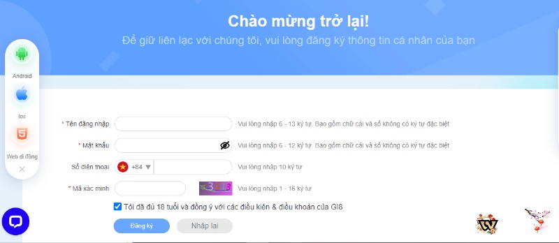 Cược thủ nhập thông tin đăng ký theo yêu cầu web cược